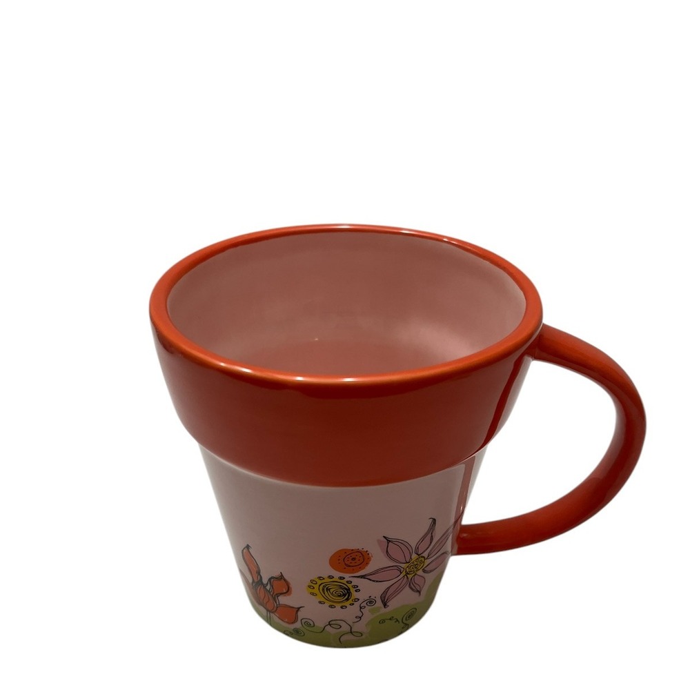 Starbucks 2006 Handpainted Orange Pink Floral Flower Pot‎ Planter Mug Cup Coffee